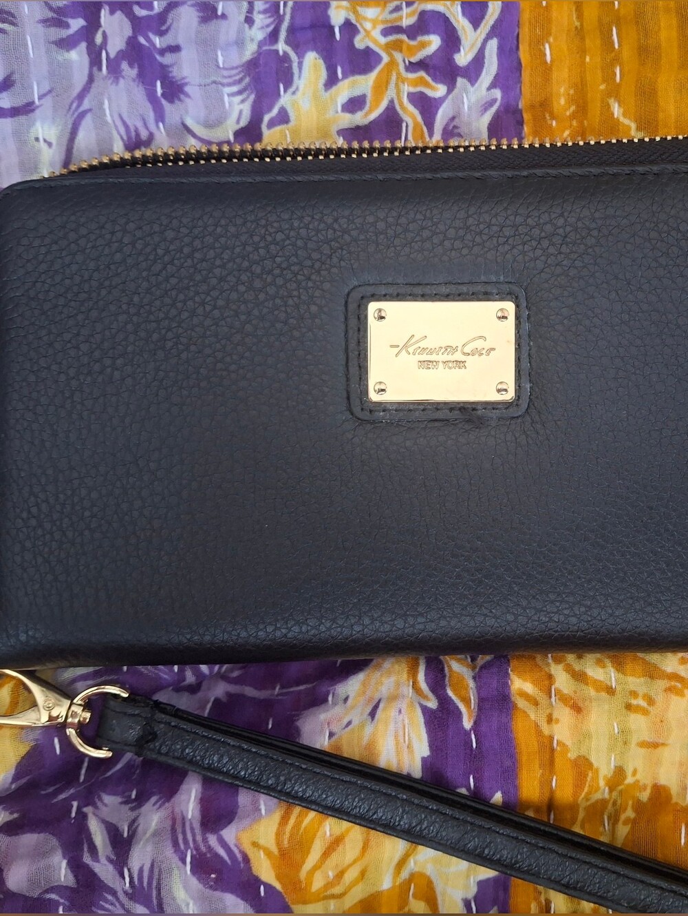Kenneth Cole New York Black Leather Wrist Clutch with Gold Plate
